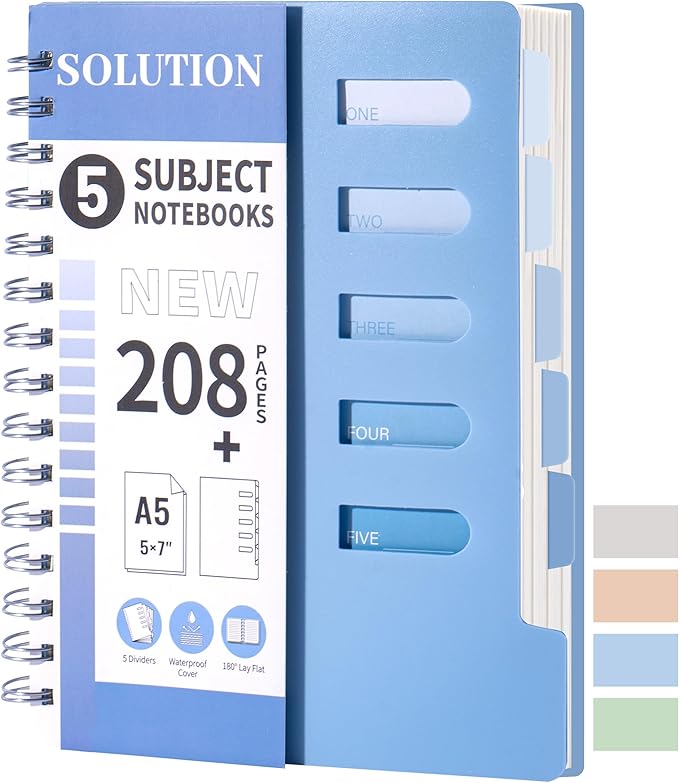 FLYING EAGLE Small 5 Subject Notebook College Ruled Spiral Notebook 5x7 with Dividers Tabs Waterproof Plastic Cover Thick Paper Notebooks for Work School, Blue