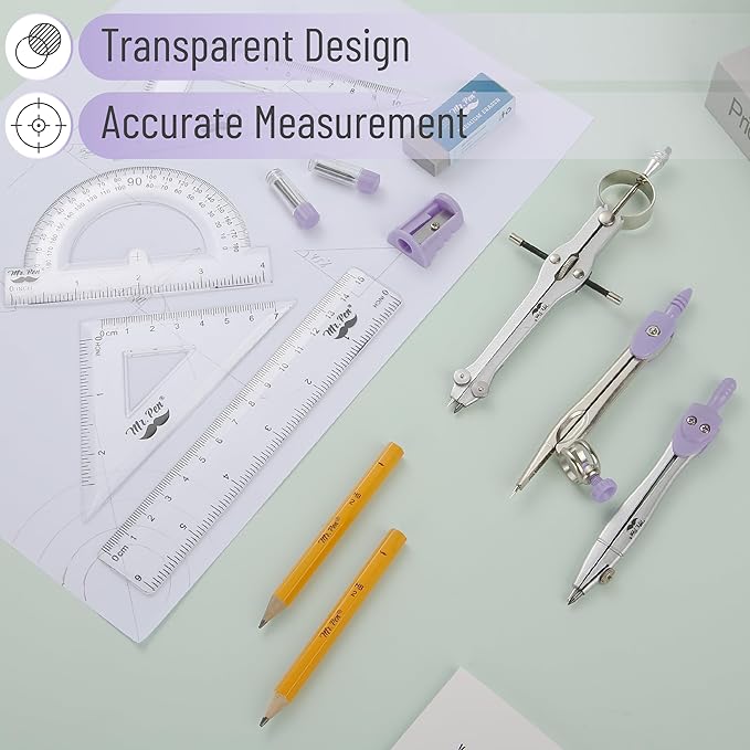 Mr. Pen- Geometry Set, 13 pcs, 3 Metal Compasses, Protractor, 6" Ruler, 45° & 30°/60° Set Squares, Pencils, Lead Refills, Sharpener & Eraser for Math, Drafting & Classroom Use