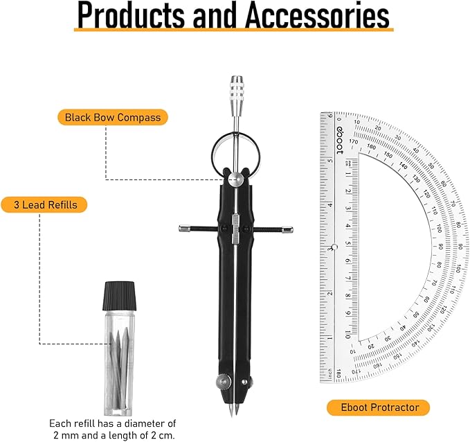 EBOOT Student Geometry Math Set, Metal Drawing Compass and 6 Inch Clear Swing Arm Protractors 180 Degree Math Protractor(Black)