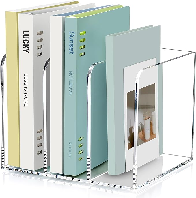 SANRUI Acrylic Magazine Holder Desk Organizer Workspace Sorters，Clear Bookend File Sorter Holder，Folder Rack, Office Accessories Organization Storage with 3 Vertical Compartments