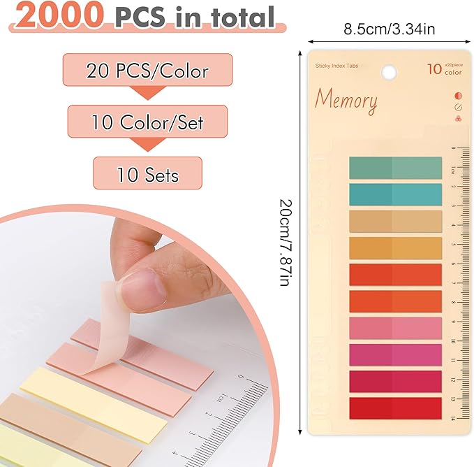 JIANTA Book Tabs for Annotating, 2000Pcs Sticky Tabs with Ruler, Transparent Sticky Notes for Binders, Page Markers for Notebooks, Multi-Colored Writable and Repositionable Book Flags Strip Index Tabs