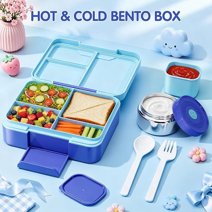 HOMETALL Bento Lunch Box for Kids with 8.5oz Insulated Food Thermo - Leakproof Bento Box Lunch Bags for Ages 3 to 14, Back to School BPA-Free Lunchbox Snack Containers Reusable Daycare Meal Prep,Blue