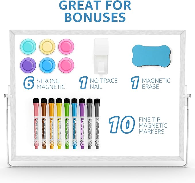 MaxGear White Board for Wall and Desktop Stand, 16" x 12" Large Double-Sided Dry Erase Board, 10 Markers, 6 Magnets, 1 Eraser, 1 Pen Clip, 1 Wall Nail, Portable Tabletop Whiteboard for Home, Office