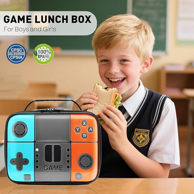 Kids Lunch Box for Boys,Game Console Insulated Lunch Bag for Kids,Leather Lunchbox for Boys,Waterproof Leakproof Portable Fits Most Bento Boxes