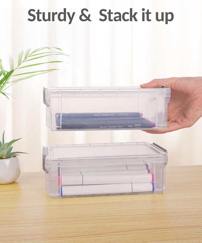 Sooez 6 Pack Extra Large Pencil Box, Plastic Pencil Case Crayon Box Bulk, Clear Marker Organizer Plastic Containers with Lid, Stackable Storage Boxes for Craft, Pen, Art, School Supply, Blue