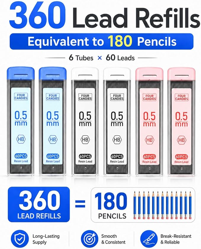 Four Candies Cute Mechanical Pencil Set, 3-Pack 0.5mm | 360 Lead Refills, 3 Erasers, 9 Eraser Refills, Non-Slip Rubber Grips, Aesthetic Design, for Detailed Writing and Drawing