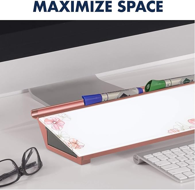 Quartet Glass Dry Erase White Board 18"W x 6"H, Compact Desktop Whiteboard with Storage Drawer, Floral (GDP186P)