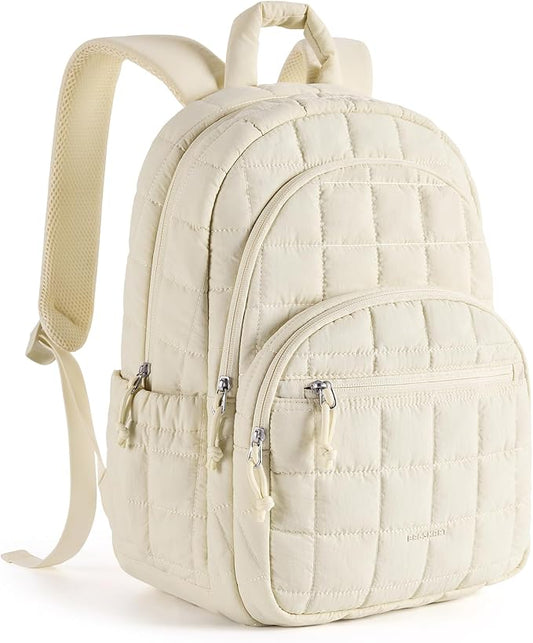 BAGSMART College Laptop Backpack, Travel Backpack for Women, Quilted Casual Daypack, Water-Resistant Bookbag for 15.6 Inch Laptop, Beige