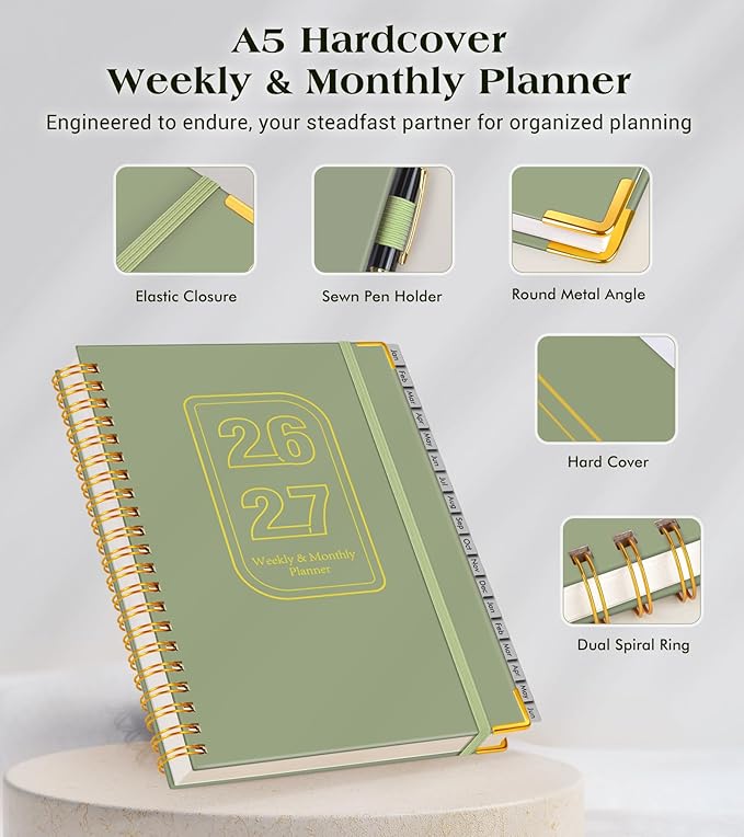 Planner 2026-2027, 18 Months Weekly and Monthly Hardcover Planner, January 2026 - June 2027, 5.75" x 8.38" A5 Daily Calendar Planner Book with Tabs, Spiral Yearly Agenda Organizer Notebook for School Work Home, Green