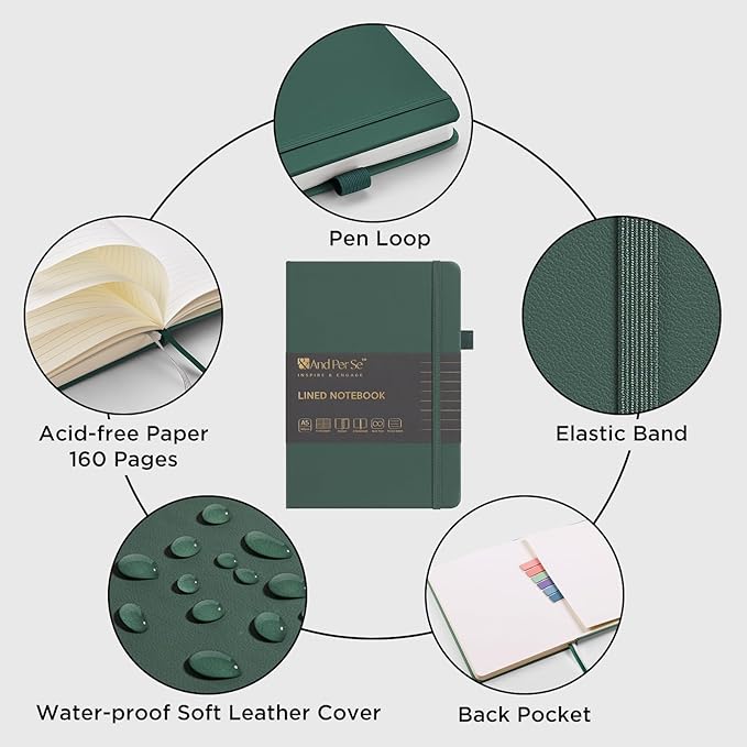 &And Per Se Lined Notebooks 3-Pack Gift Set, A5 Hardcover Journals, 160 Pages 100gsm Thick Paper, 3 Assorted Colors (Brown, Blue, Green) – Gift for Men