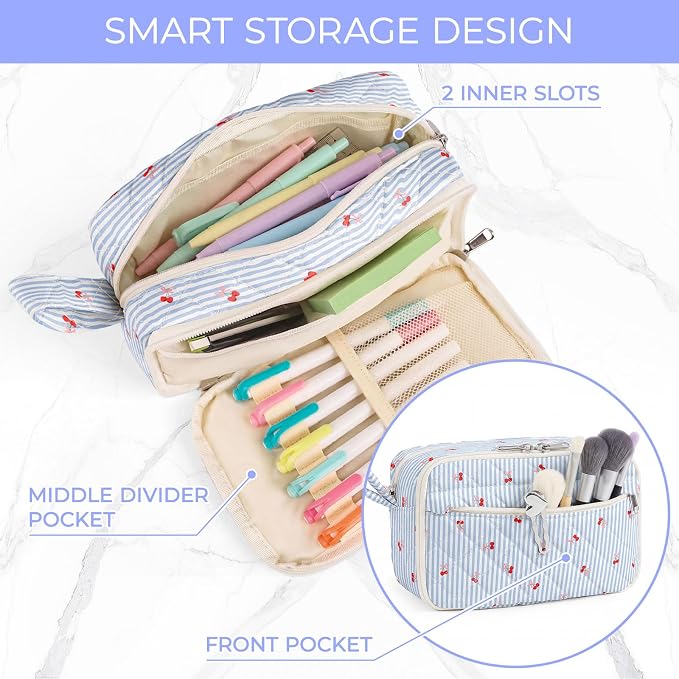 WOBAGMEN Quilted Pencil Pouch for Girls Women, Large Pencil Case Pouch with Compartments Cute Aesthetic Pencil Case Organizer, Floral Pencil Bag for School Supplies (Striped Cherry)
