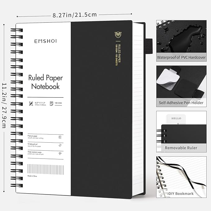 EMSHOI A4 College Ruled Spiral Notebook, Large 8.27"x11.2", Thick 300 Pages/150 Sheets, 100GSM Ink-Proof Waterproof PVC Cover Lay-Flat Lined Journal for Work Office School Writing, Black