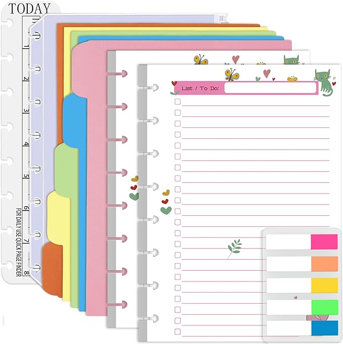 Rancco Junior To-Do List Planner Refills Set, 180 Pages 8 Rings Punched Half Letter Disc Paper Inserts w/Index Tabs, Index Dividers, Loose-Leaf Bag, Ruler For Circa, Arc, TUL, Happy Planner, 5.5x8.5"
