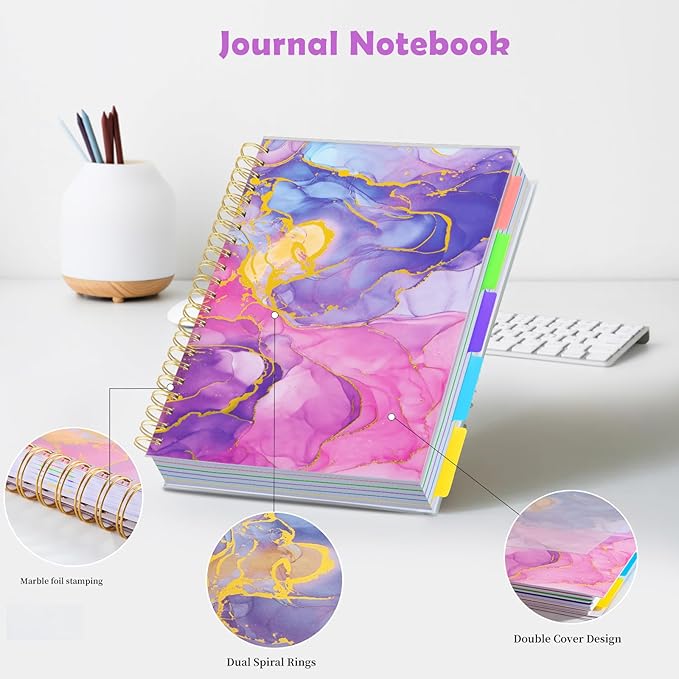 5 Subject Notebook for Work with Removable Dividers Tabs, Large 8.5" x 11 Spiral Lined Notebooks for School Note Taking & Organizer, A4 240 Pages College Ruled Journal for Women & Writing, Pink