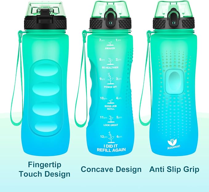 24 OZ Motivational Kids Water Bottle With Time Marker,Straw Lid,Leak Proof, Tritan BPA Free Sports Water Bottle Green-Blue(1 Lid)