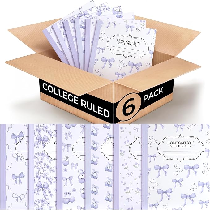 Fullhawl 6 Pack Composition Notebook College Ruled Bulk Purple Cherry Composition Notebook Aesthetic for Back to School 110 Pages 9-3/4 X7-1/2 Cute Lavender Bow Journal for First Day of School