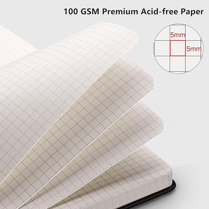 RETTACY Graph Grid Paper Notebook, 2-Pack, 192 Pages per Pack, A5 Medium Size (5.7'' x 8.3''), Leather Hardcover, 100 GSM Thick Paper, for School, Students, Math, Engineering (Black & Black)
