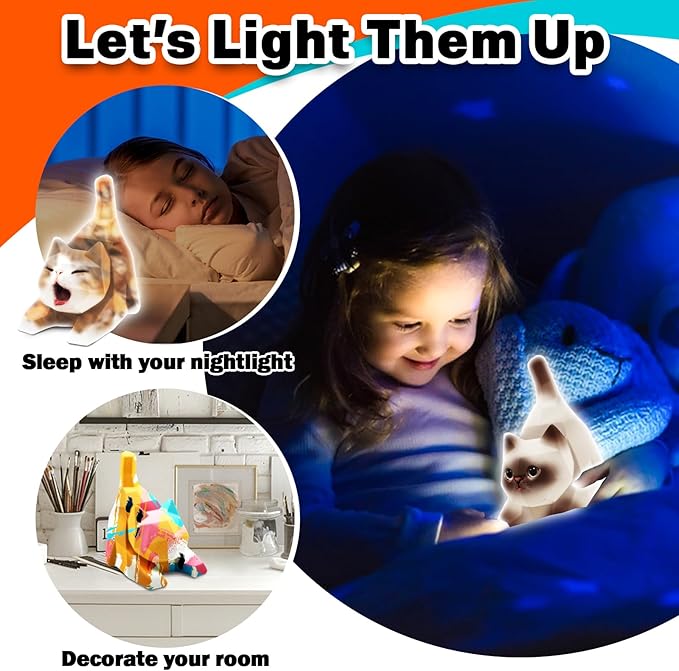 FUNZBO 4.3in Paint Your Own Cat Lamp Kit - Arts and Crafts Supplies Painting for Kids Teens, DIY Night Light Toy for Girls Boys Age 3 4 5 6 7 8 9 10 11 12 13 Birthday Gifts