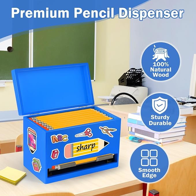 Aigybobo Pencil Dispenser for Classroom, Wooden Desk Pencil Holder, Blue | Teacher Must Haves, Classroom Organization, Wooden Dispenser for Pencils or Straws, for Offices, Kitchens, Restaurants