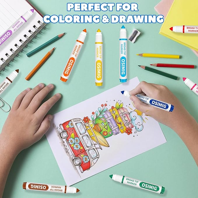 OSIMIG Washable Markers Bulk, 240 Count, 12 Assorted Colors, Markers for Classroom, Broad Line Conical Tip, Large Capacity, School Art Supplies for Kids