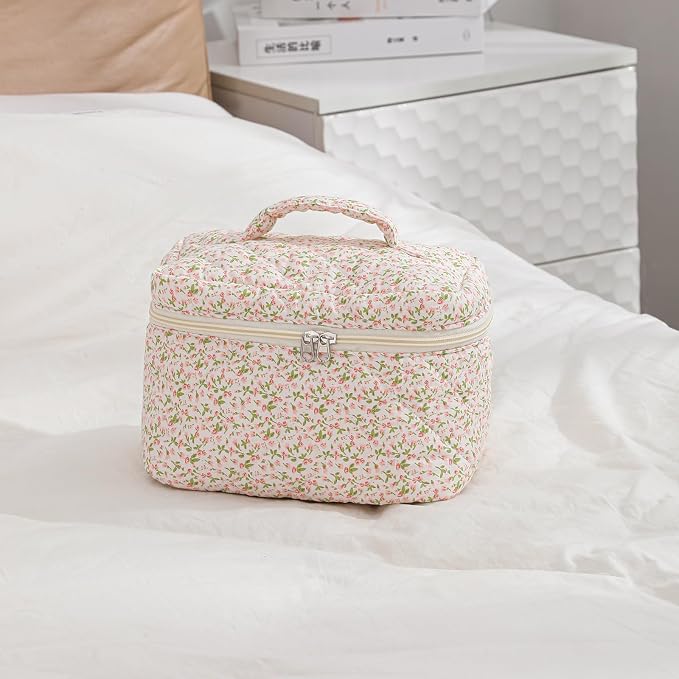 uekeboag Large Travel Quilted Makeup Bag for Women | Soft Floral Cotton Cosmetic Bag, Foldable Coquette Aesthetic Toiletry Organizer