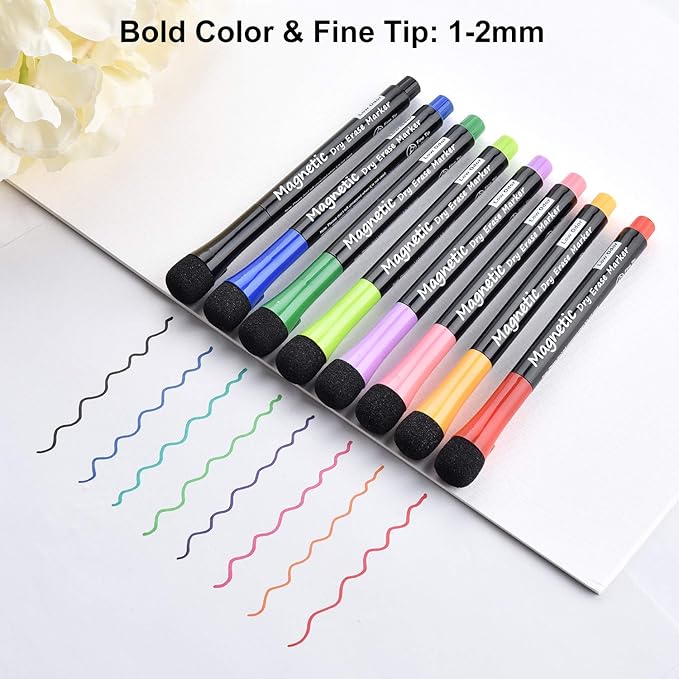 LivDeal 16 Pack Magnetic Dry Erase Markers - Fine Tip (8 Colors) Low Odor Whiteboard Markers for Kids & School, for Whiteboard, Calendar, Refrigerator
