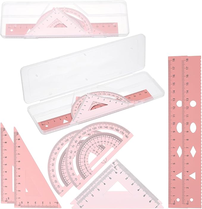 PATIKIL Geometry Set, 2 Pack 7 Inch Aluminum Ruler & 4 Triangles, Metal Protractor Ruler Math Drafting Measuring Tool for Home Office Math Drawing Engineering Art,Gradient Pink
