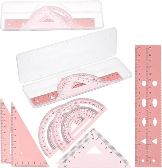 PATIKIL Geometry Set, 2 Pack 7 Inch Aluminum Ruler & 4 Triangles, Metal Protractor Ruler Math Drafting Measuring Tool for Home Office Math Drawing Engineering Art,Gradient Pink