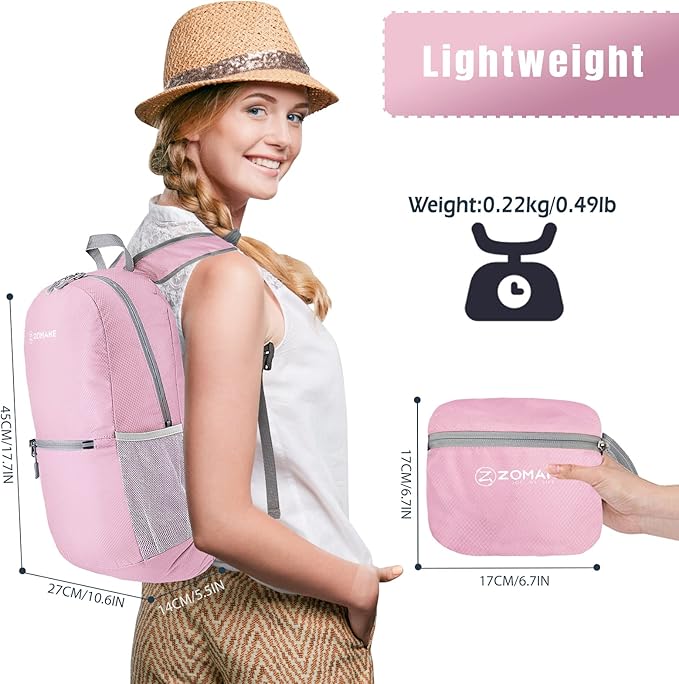 ZOMAKE Ultra Lightweight Hiking Backpack 20L, Packable Small Backpacks Water Resistant Daypack for Women Men(Light Pink)