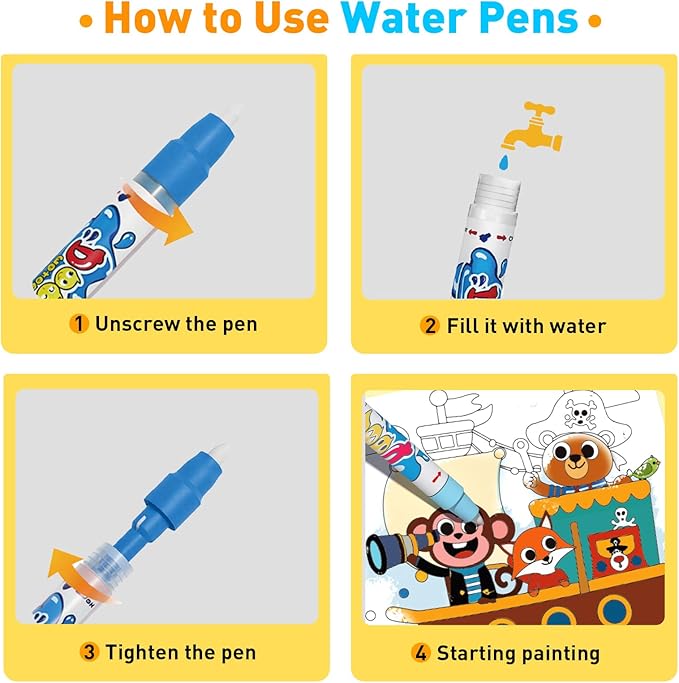 BATHKITS Reusable Water Painting Book for Kids - 3 Pack Magic Water Coloring Books with Water Pens, Fairy Tale, Animal & Space Themes | No Mess Paint, Travel Activity Toy, Gift Box, 30 Pages, Ages 3+
