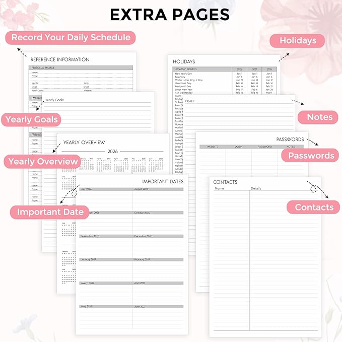 SKYDUE Appointment Book 2026-2027, Academic Hourly Planner from July 2026 - June 2027, 8.5" x 11" Weekly & Monthly Schedule Planner with 15-Minute Interval- Perfect for Daily Planning White Flower