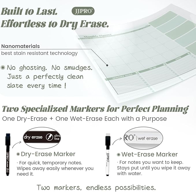 JJPRO Dual-Layer Sage Green Dry Erase Desk Mat,Large Multi-Use Dry Erase Desk Calendar, Erasable Desk Mat,Double-Sided Faux Leather Desk Pad,Reusable Desk Writing Board for Office, Home-16"x34"