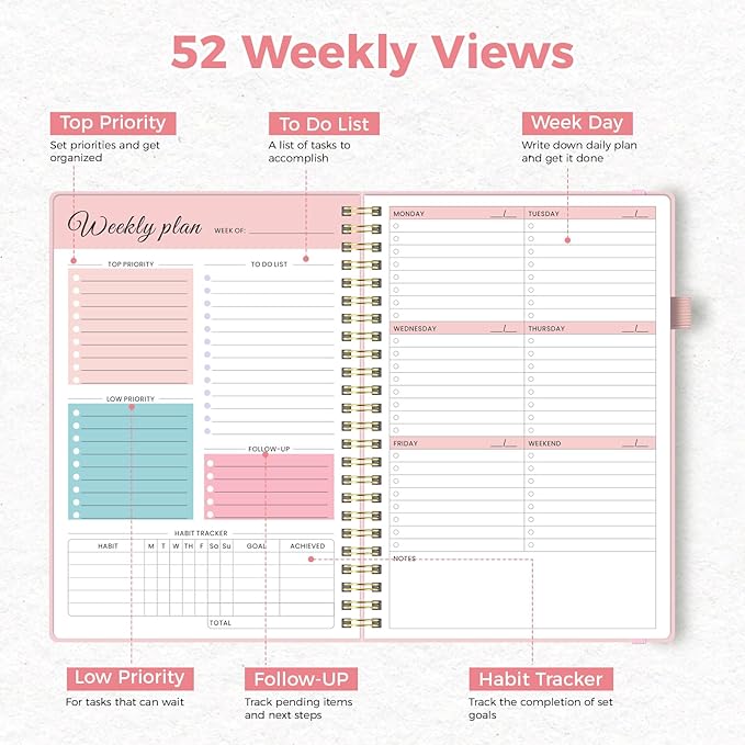 Oucaru Undated Weekly Planner, A5 To Do List Notebook with Goal & Habit Tracker Organizer, 52 Weekly Planner Notebook with Spiral Binding for Office Home School Supplies