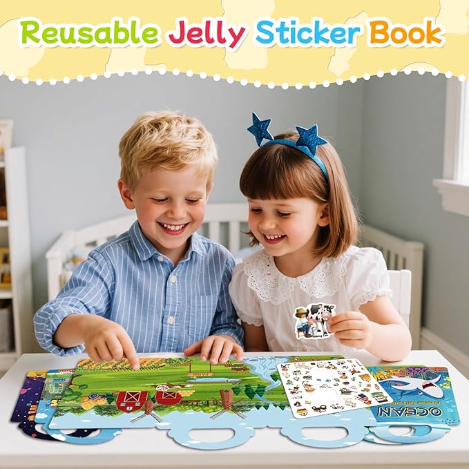 Reusable Sticker Book for Toddlers 3-6, Jelly Stickers for Kids, Sticker Activity Book Travel Toys for Car & Airplane, Educational Learning Gifts for Boys and Girls (Space Theme)