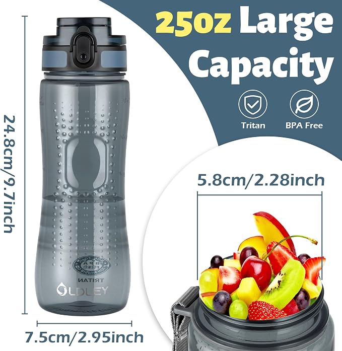 OLDLEY 25 oz Water Bottle, Motivational Water Bottle with Time Marker, Sports Water Bottle With Strap, Leakproof & BPA Free Large Water Bottles for School, Gym, Travel, Outdoor, Dark Blue