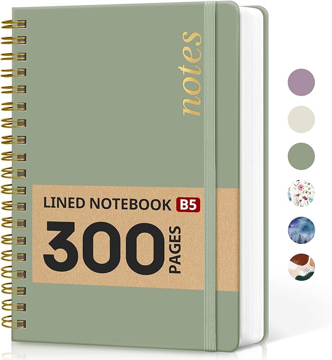Lined Spiral Notebook Journal for Work, 300 Pages Thick B5 (7.1"x10") College Ruled Journal for Women & Writing, Hardcover Notebook for Note Taking, Perfect for Office Home School Supplies, Green