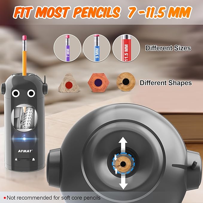 AFMAT Electric Pencil Sharpener for Colored Pencils 7-11.5mm, Fully Automatic Robot Pencil Sharpener, Auto in & Out, Rechargeable Hands-Free for Classroom/Home/Office, Battery Operated, PSX5RB, Gray