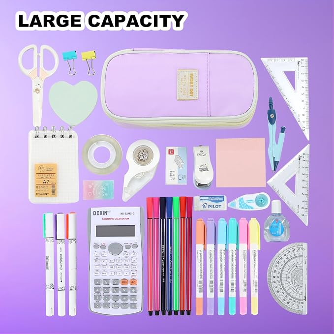 Large Pencil Bag for Girls Teens Kids School Pencil Case Organizer Purple | Zipper Pencil Pouch Big Cute Stationery Aesthetic Pencil Box for School Office, Wear-resistant Fabric, Large Capacity Design