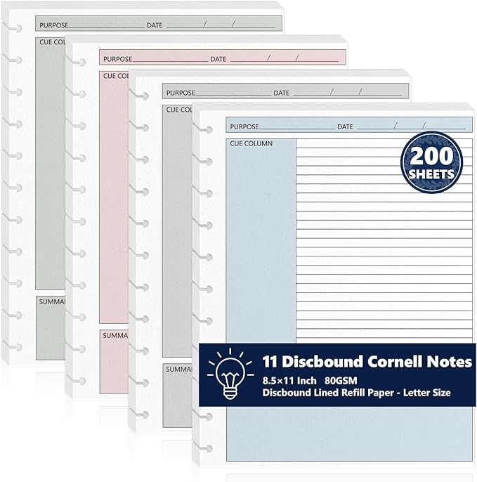 200 Sheet 11-Disc Cornell Notes Loose Leaf Paper 8.5×11 Inch for Discbound Planner Letter Size College Ruled Cornell Note Notebook 9/32" Spacing Note-Taking System Filler Paper for School Office 80gsm
