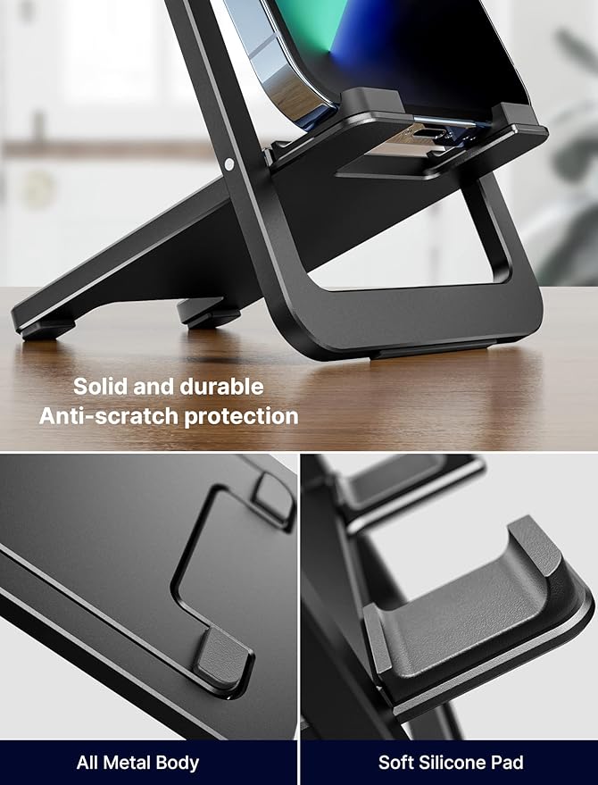 JSAUX Cell Phone Stand, Foldable Aluminum Adjustable Phone Holder for Desk Portable Travel Essentials Office Accessories for iPhone 17 16 15 14 13 Pro Max Samsung S25 S24 S23 Ultra Kindle-Black