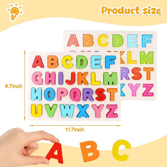 LovesTown Wooden Alphabet Puzzle, ABC Learning Board Build Pre-Reading Skills with Letter Blocks, Matching Games Toys for Daycare Homeschool Kids