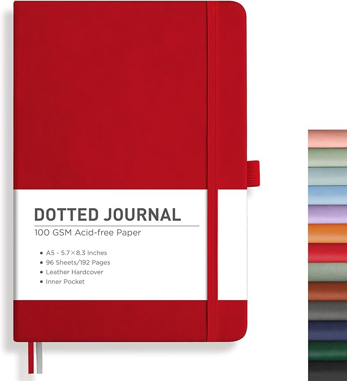 RETTACY Dotted Journal Notebook, 192 Pages, A5 Medium Size (5.7'' x 8.3''), Leather Hardcover, 100 GSM Thick Paper, for Journaling, Planning, Tracking (Red)