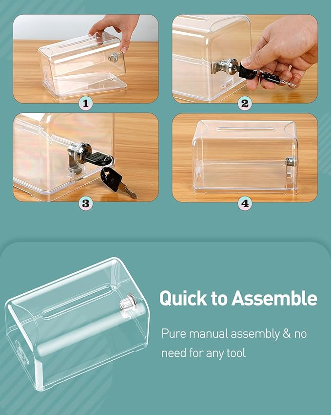 Uniclife Acrylic Donation Box for Fundraising, Clear Suggestion Box with Slot and Lock, Desktop Ballot Boxes Tip Jar, Plastic Storage Container for Voting Comment Collection, 7.3" x 4.5" x 3.9"