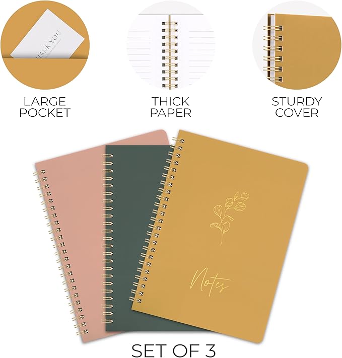 ZICOTO Aesthetic Spiral Notebook Set of 3 - Cute 8x6 College Ruled Journals with Pockets - Perfect for Women to Stay Organized at Work or School