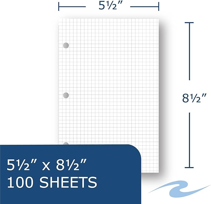 Roaring Spring Loose Leaf Graph Filler Paper, 8.5"x5.5", 12-Pack, 100 Sheets White 15lb, 5x5 Grid Ruled, 3-hole Punched for Mini Binders