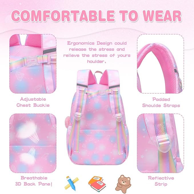 Alrisg Girls Backpack for Kids Elementary Middle School Cute Student Bookbag School Bag Pink