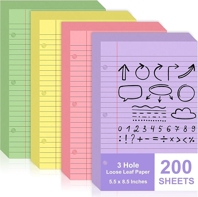 200 Sheets Mini Binder Loose Leaf Paper 5.5 x 8.5 Small Binder Filler Paper Lined College Ruled Paper for Mini 3 Ring Binder 3 Hole Punched Notebook Paper Pocket Folders for School Supplies(200)