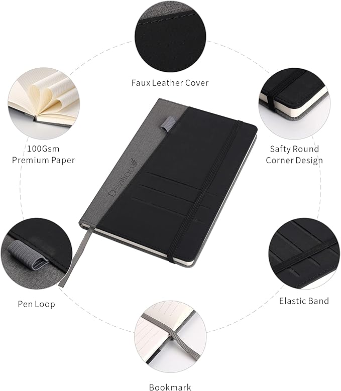 Lined Journal Notebooks with Pen Loop, Hardcover Notebook Journal for Work, 100Gsm Premium Thick Paper with Inner Pocket, Medium 5.7''''x8.4'''', ?Black, Ruled, 1 Pack