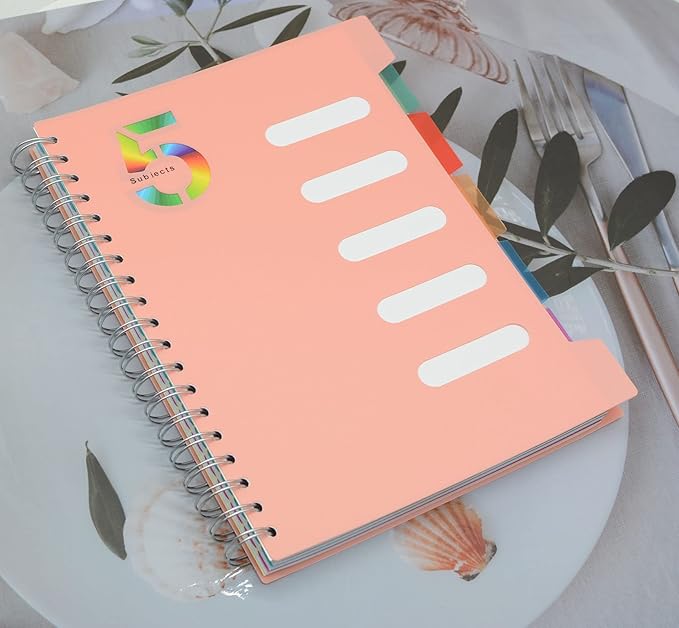 5 Subject Notebook, 2 Pcs Pink and Light Blue 10 Inch x 7 Inch B5 Spiral Notebook With Waterproof Plastic Softcover, 300 Pages 80 Gsm College Ruled Papers With 5 Sheets Colorful Movable Dividers