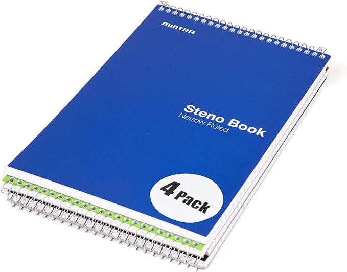 Mintra Office Steno Books Set - Top-Spiral Bound, Narrow Ruled, 70 White Sheets, Poly Primary Color Covered Notebooks for Office, Professional, School & Work, Note-taking, Writing Pads, 6"x9", 4 Pack